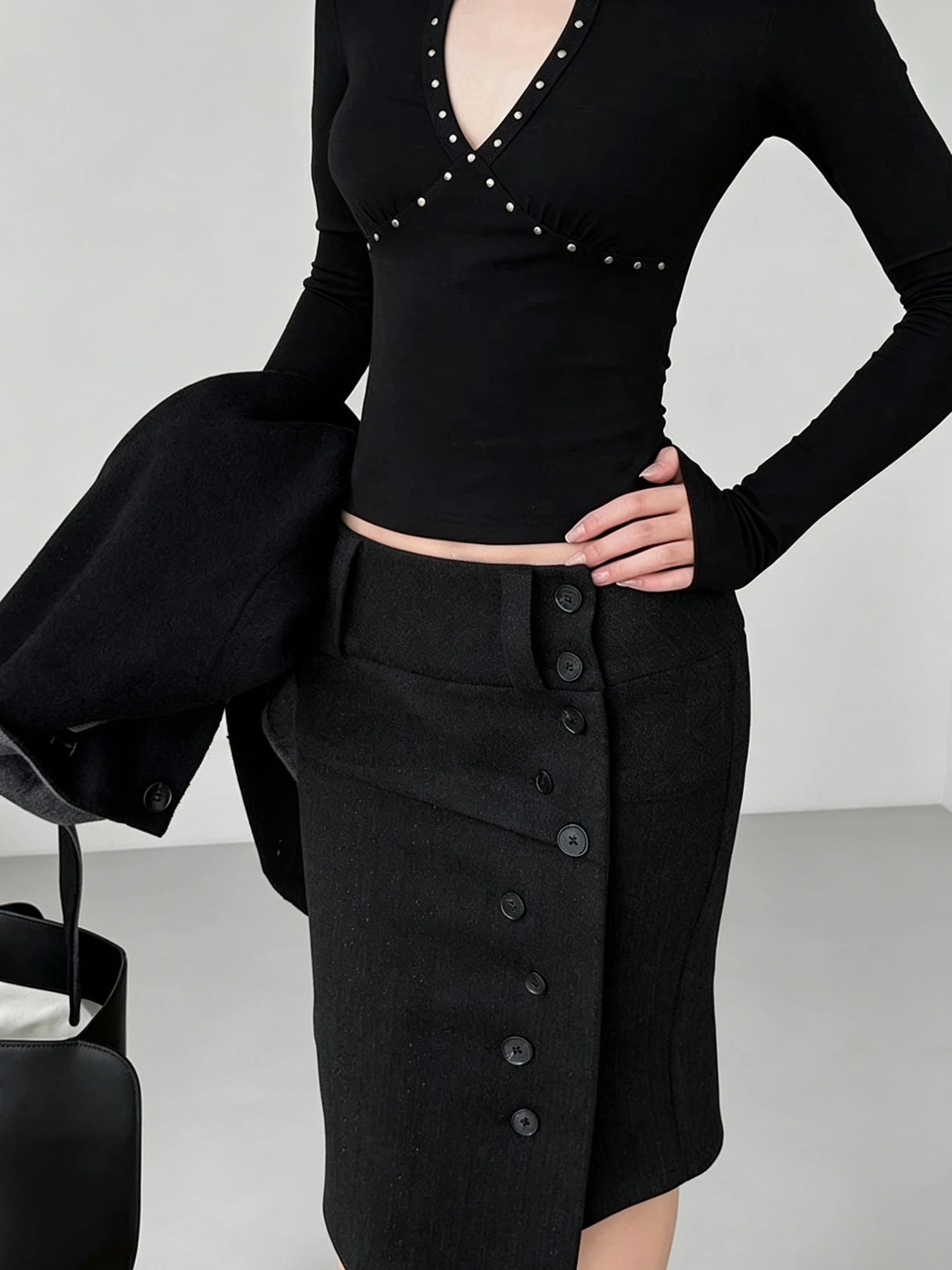 High Waist Button up Midi Skirt Black Grey Commute Style Women's Fashion Autumn New Straight Cut Bodycon Skirt Korean Version