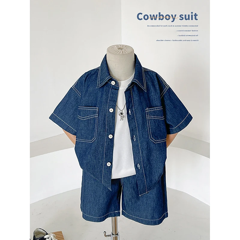 

Children's Fashion Lapel Single-breasted Denim Suit Korean Boys Casual Loose Short Sleeves Blouse Wide Leg Pants Two-piece Set