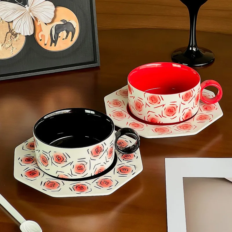 

High Appearance Hand Painted Coffee Cup Saucer Set Light Luxury Floral Mid Century Latte Milk Cup With Spoon Porcelain Gift