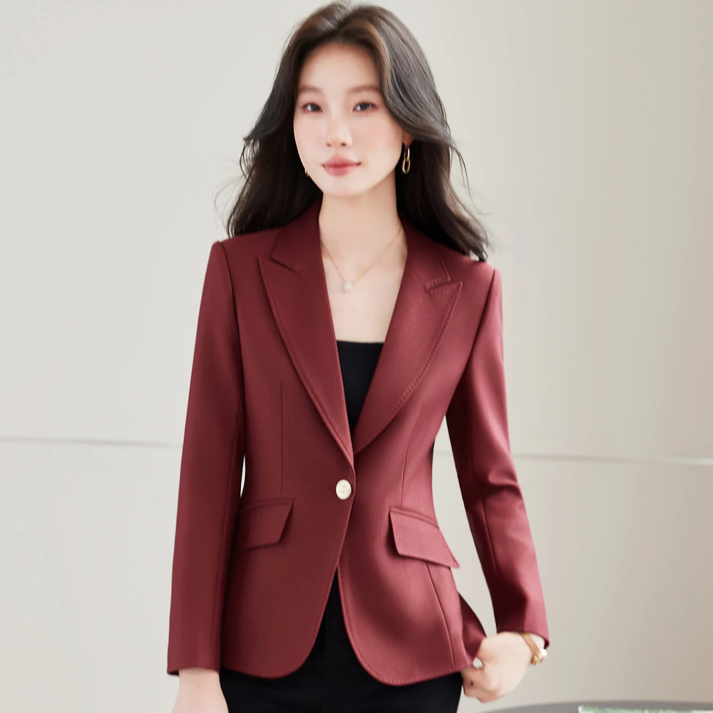 ZJYT Elegant Chic One Button Blazers for Women Autumn 2026 New Korean Style Long Sleeve Casual Jackets Coats Plus Size Tops Lady