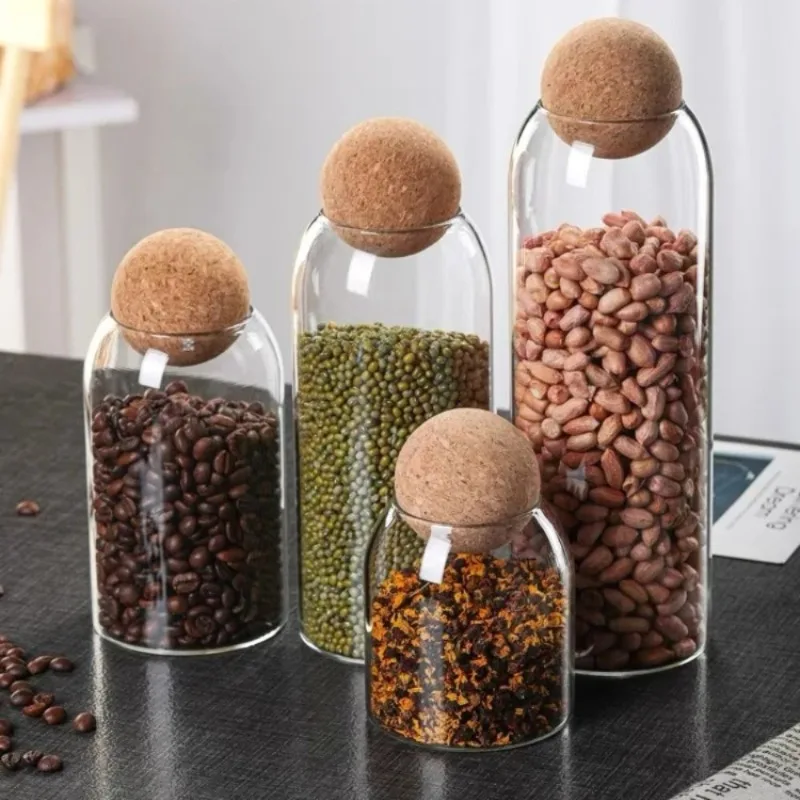 Picture 5: Glass Storage Jars with Ball Cork Stopper for Tea Spices Nuts Decorative Kitchen Cabinet Organizer Transparent Container Set