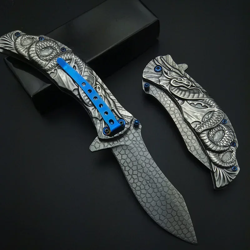 Silvery Demon Evil Dragon Snake Carving 3D Folding Knife with Clip Pocket Knives All Steel Stainless Cool For Collection Tool