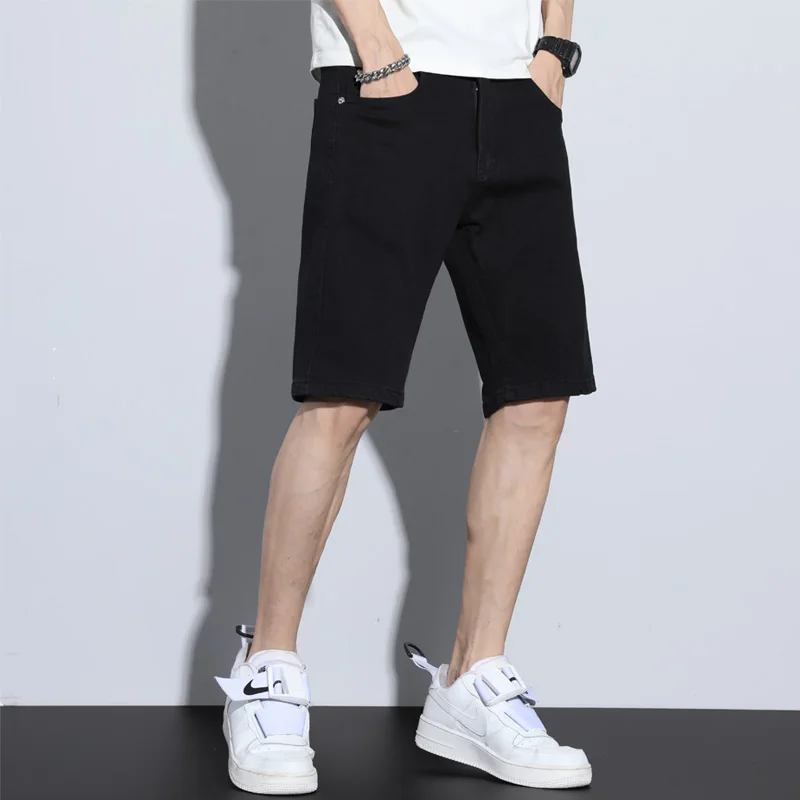 Summer New Casual Men\'s White Black Denim Shorts Solid Color Straight Slim Hole Stretch Soft Beach Knee Length Short Jeans Male