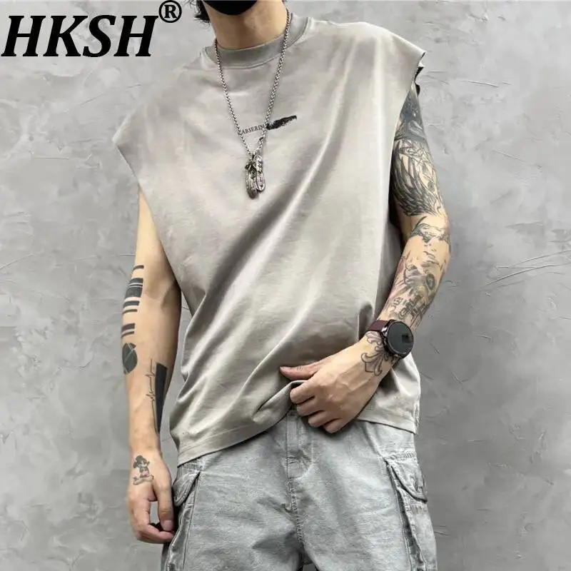 

HKSH Spring Summer New Men's Personality Fashion Washed Distressed Trendy Sleeveless T-Shirt Versatile Casual Base Vest HK7325
