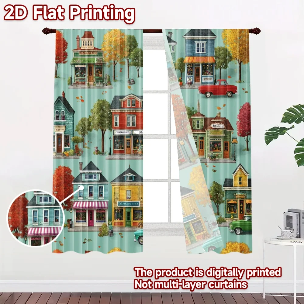 2D flat 2pcs Curtain Home Short Curtains Autumn Small Town Street Digitally printed polyester, colorfast Family Party Decoration