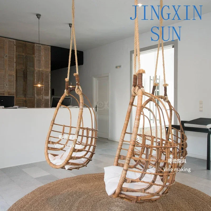 Indonesian rattan ins hanging chair Sunshine room Real rattan woven hanging rocking chair Swing hanging basket Handmade chair