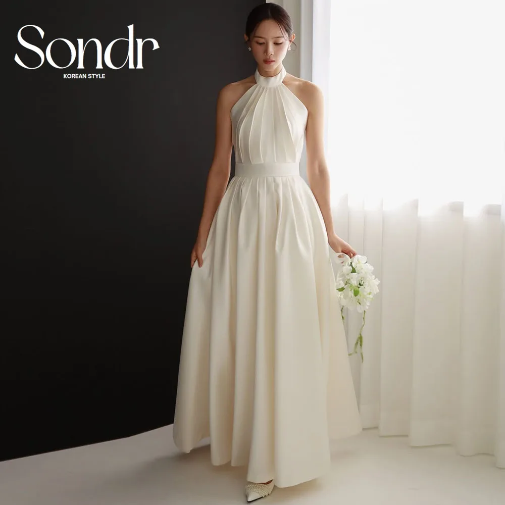 

Sondr Elegant Halter Backless Evening Dress Korean Wedding Photo Shoot Floor Length Ivory Pleat Party Event Gown Customized