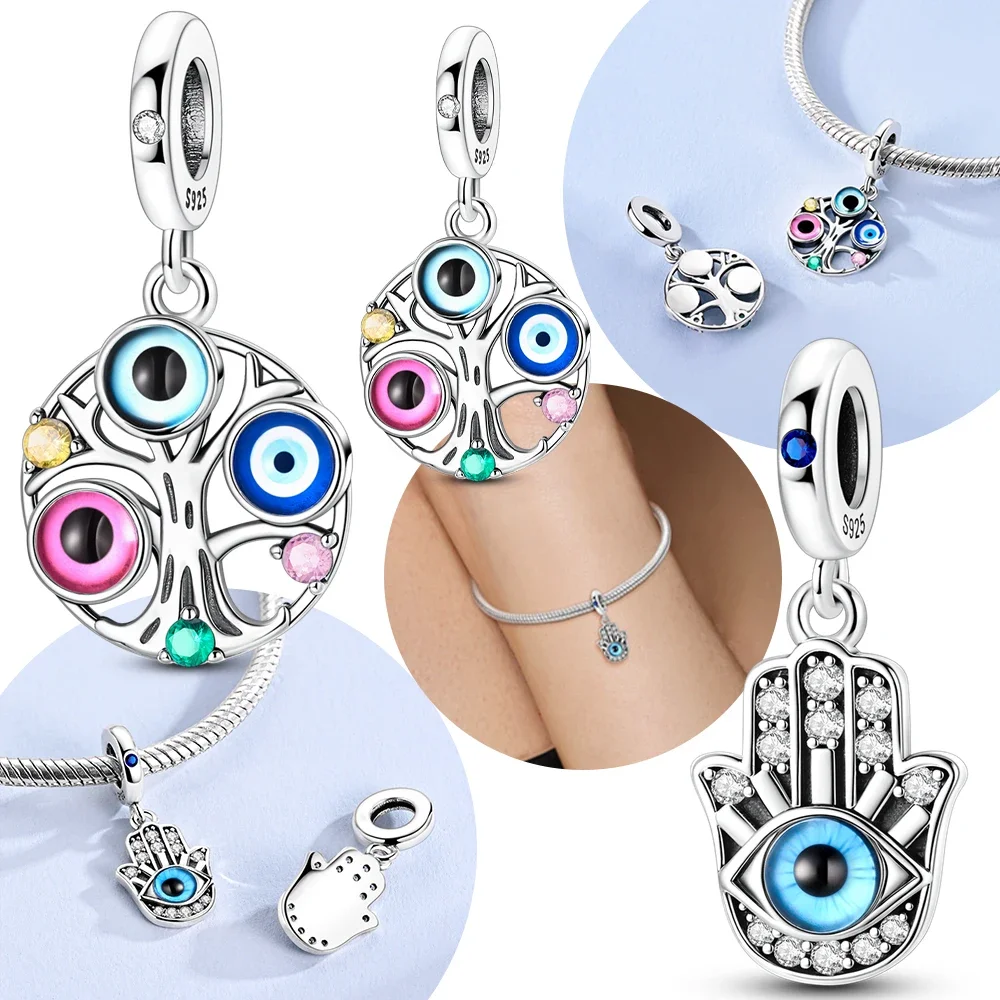 925 Silver Original Fatima's Hand Blue Pendant Guarding The Tree of Life Bead Fit Bracelet Women Jewelry Diy Accessory Fine Gift