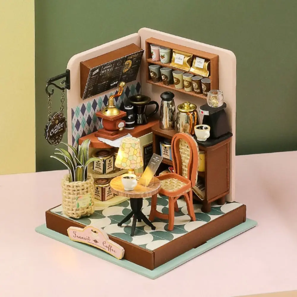 Handmade Coffee Shop Dollhouse Kit Wooden Material Mini Size DIY 3D Puzzle Assembly Required 3D Design Wooden Assembly