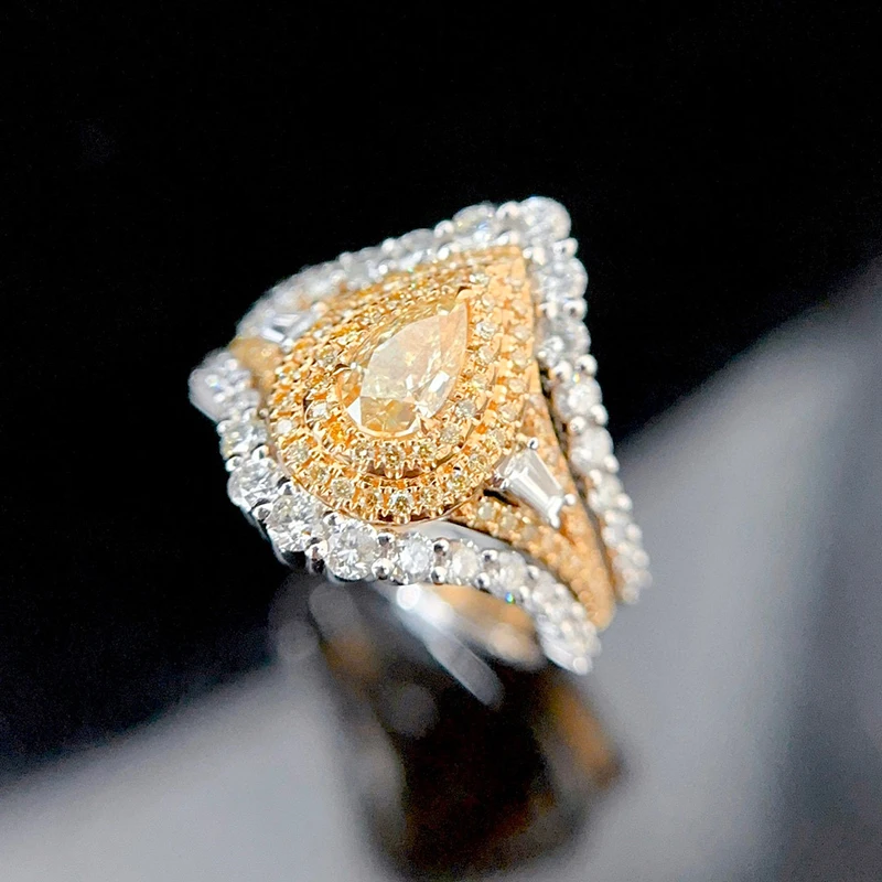 KUGG 100% 18K White Gold Rings Luxury Elegant Design Real Natural Yellow Diamond Engagement Ring for Women High Party Jewelry
