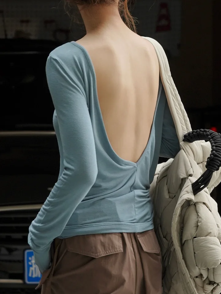 

Autumn New Korean Style Fashionable and Sexy Backless Elastic Knitted Shirt Slim Fit and Slimming Casual Base Top for Women