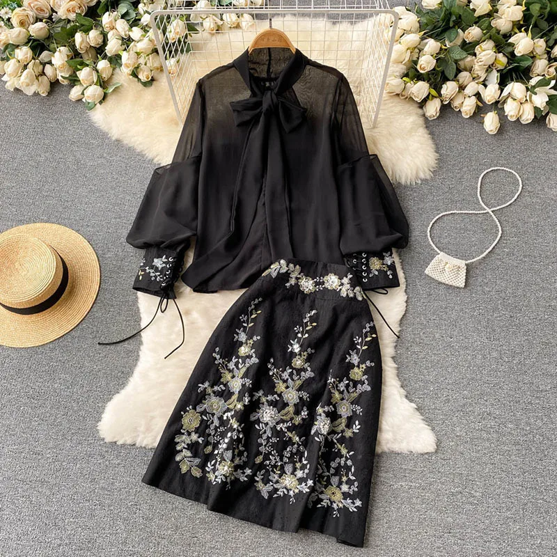 Runway Spring Autumn Skirt Suits Women's Sets Lantern Sleeve Bows Chiffon Blouses Tops + Vintage Beaded Flower Appliques Skirts