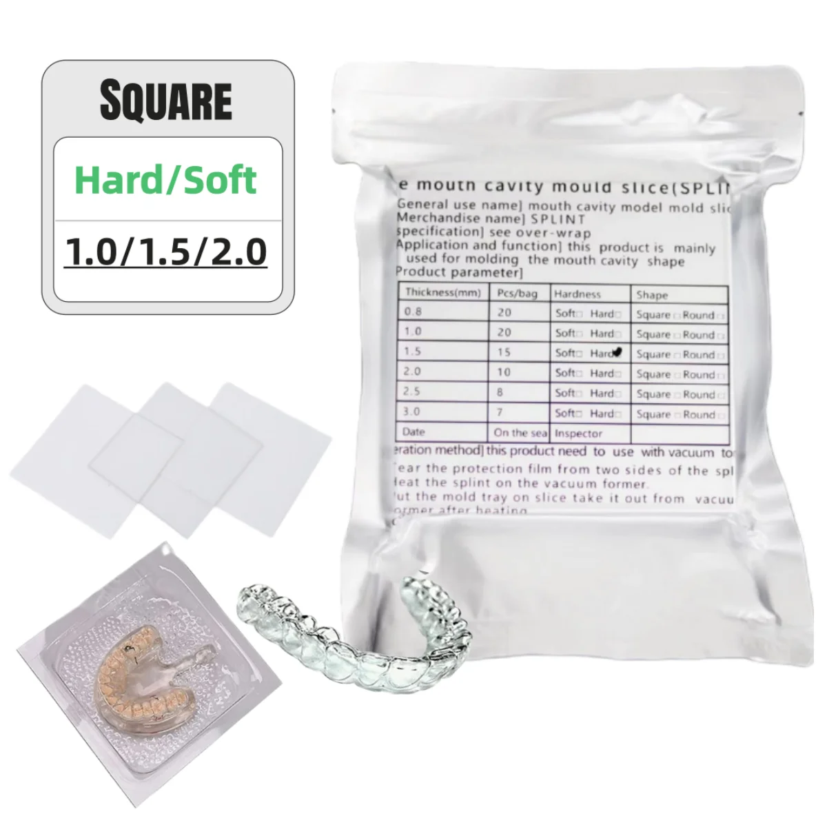

Dental Hard Splint Thermoforming Materials for Vacuum Forming Machine Dental Splint Sheets 5''x 5'' Square Splint Retainer Slice