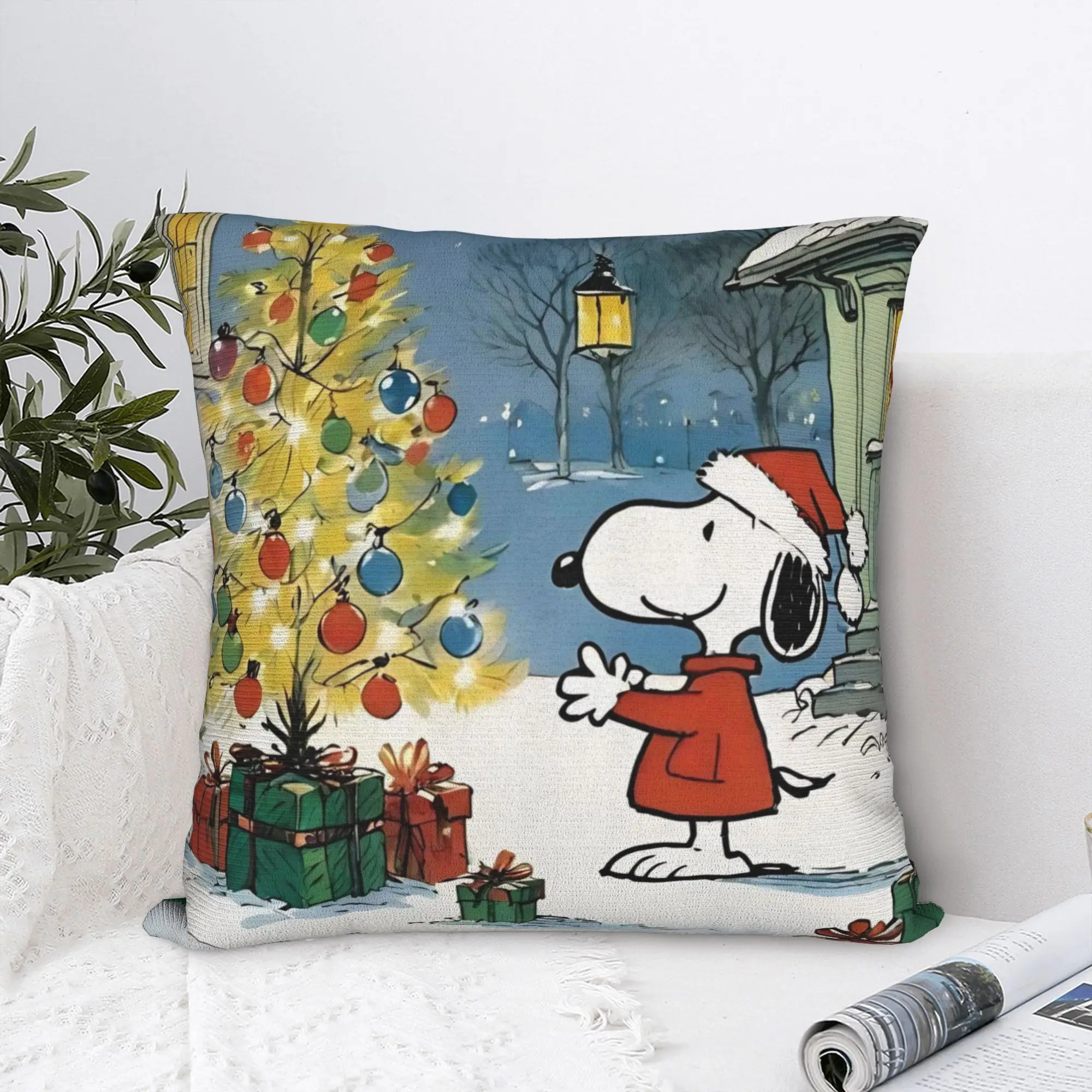 S-Snoopys Xmas Christmas Tree Square Pillowcases Polyester Car  Cushion Case Cool Home Decoration Throw Pillow Case 45*45