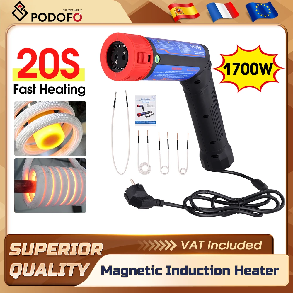 Podofo 1700W Geüpgradede Draagbare Magnetische Inductie Verwarmer met 4 Spoelen Professioneel Verwarmingsgereedschap voor het Verwijderen van Roestige Schroeven, Bouten en Moeren