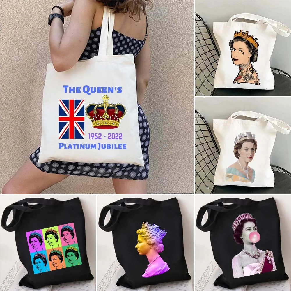 

Queen Elizabeth II Portrait England Flag British Platinum Jubilee Women Canvas Shoulder Tote Bag Shopper Shopping Cotton Handbag