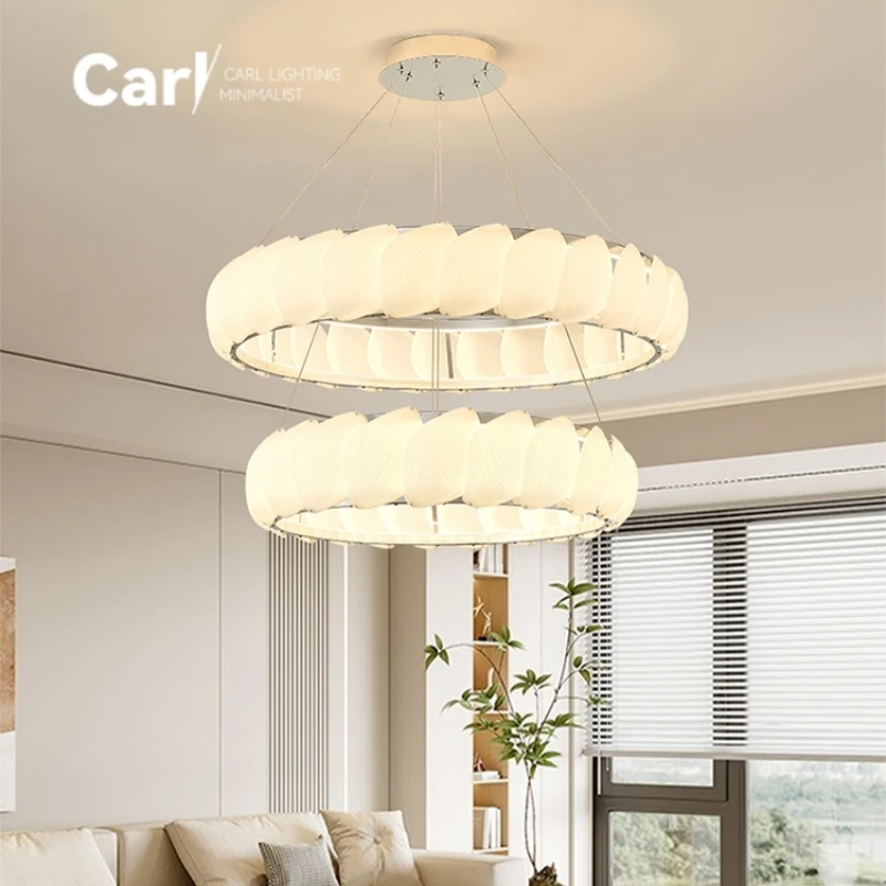 French Cream Style Living Room Pendant Light Designer Creative Circular Shell Feather Glass Dining Room Bedroom Decorative Light