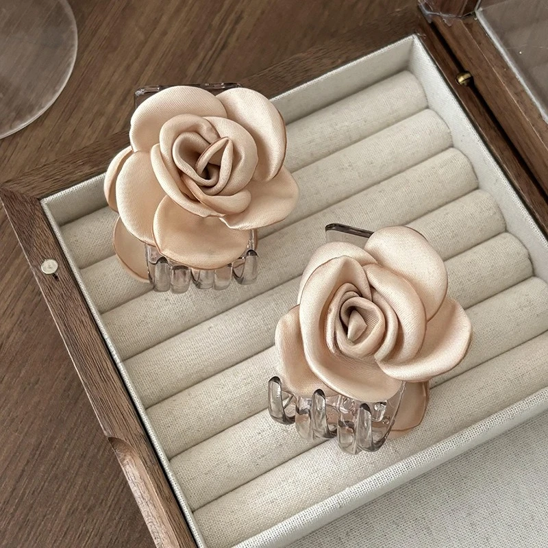 

Satin Flower Hair Claw Set: Cream Camellia Hair Clips, Soft Romantic style for Dates & Travel