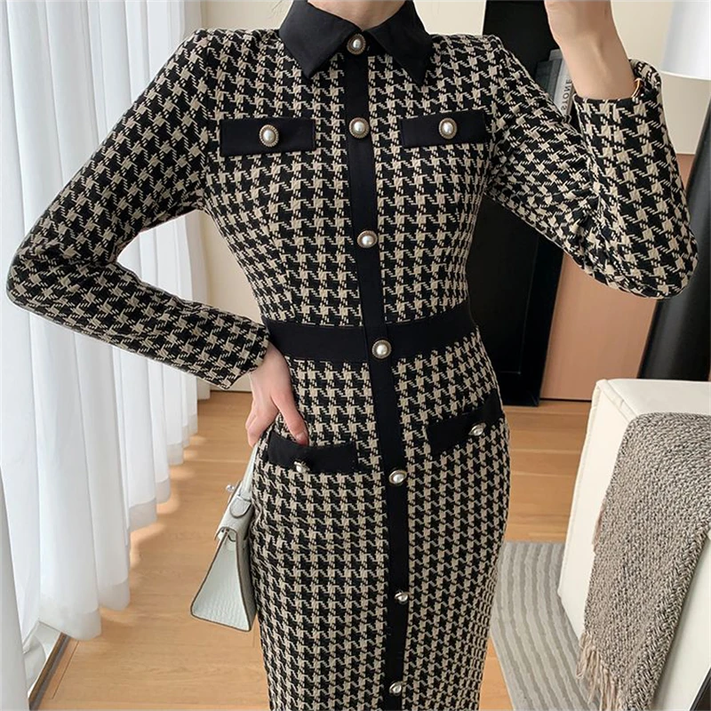 Vintage Houndstooth Knitted Dress Slim Long Sleeve Women Vestidos Spring Elegant Casual Kleid Korean Fashion Maxi Dresses New