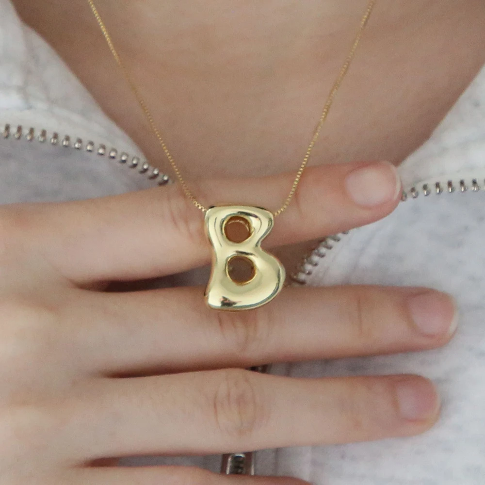 Gold Plated Balloon 26 Letter Necklaces Smooth Stainless Steel Bubble Initial Pendant Chunky Women Personality Chain Jewelry