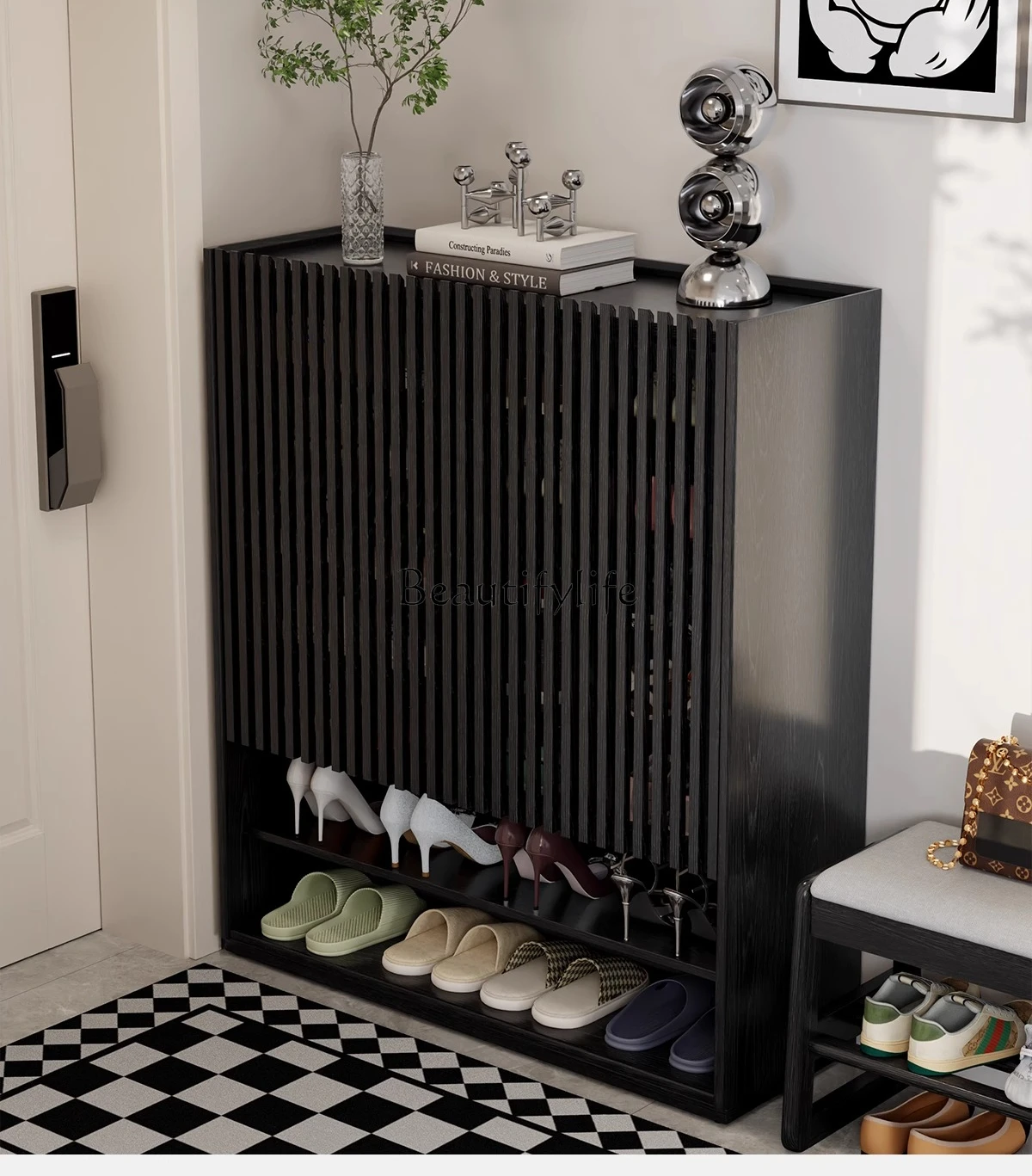 

Solid wood shoe cabinet, Chinese breathable simple light luxury door cabinet