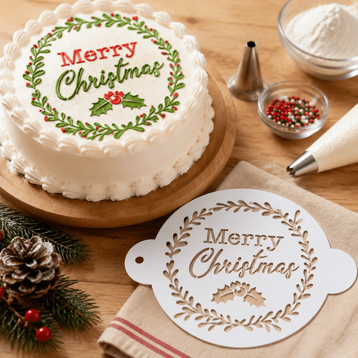 Round Christmas Holly‑Wreath Cake‑Top Stencil, Powder‑Spraying Hollow Template for Holiday Baking Decor