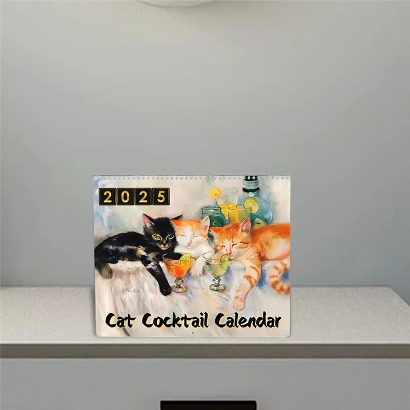 Top-Decorative Wall Calendar 2025 Cat Cocktails Pattern Desk Calendar Decorative Animal Calendar For Table Ornament