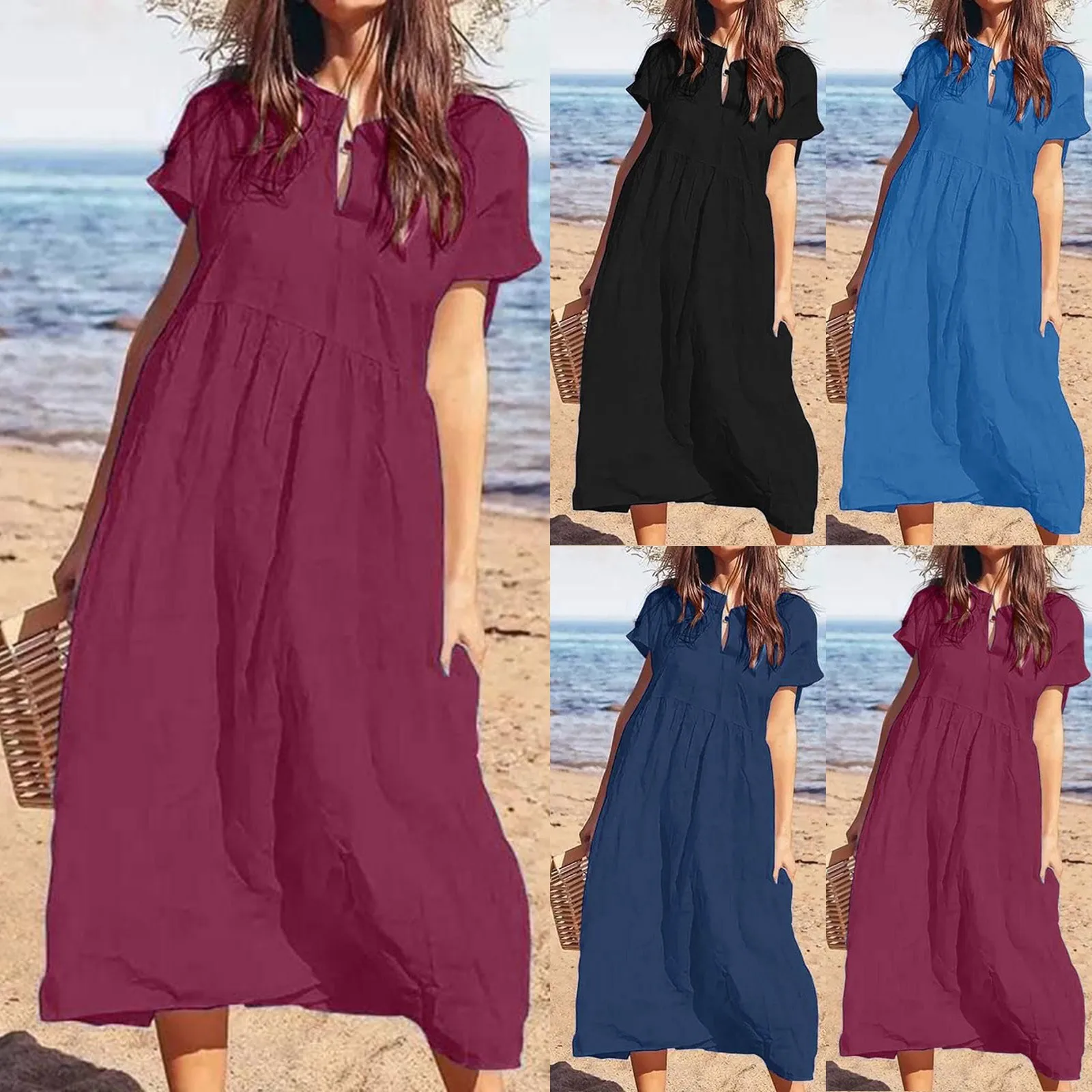 Women Vintage Solid Dress 2023 Summer Elegant O Neck Short Sleeve Cotton Linen Dresses Female Casual Loose Sundress Long Dress