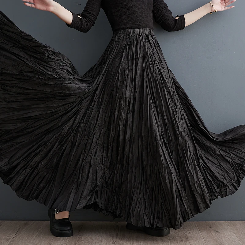 Autumn Fashion High Waist A-Line Skirt Loose Casual Sister Style Pleated Long Skirts Polyester Fiber Vintage Folded Design