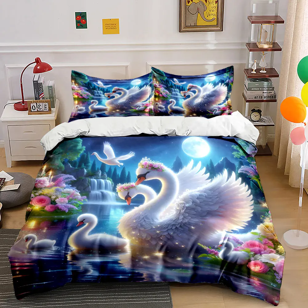 

Graceful swans by floral lake Pattern Duvet Cover Set Digital Print Colorful Polyester Bedding with Zipper Closur for kids gift