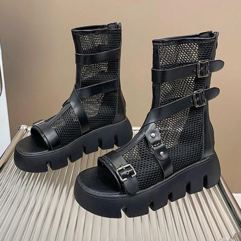 Punk Roman Platform Sandals for Women Cool Boots Mesh Breathable Sandals Korean Streetwear Model Gladiator Shoes Summer New 2024