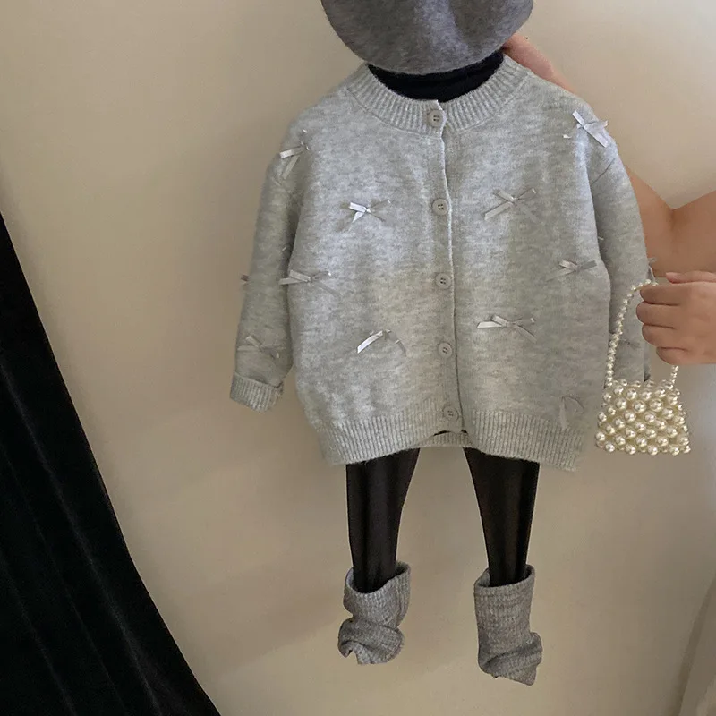 Girls Sweater 2024 Autumn New Childrens Clothes Korean Baby Girls Foreign Style Bow Knit Cardigan Coat Casual Simple Daily