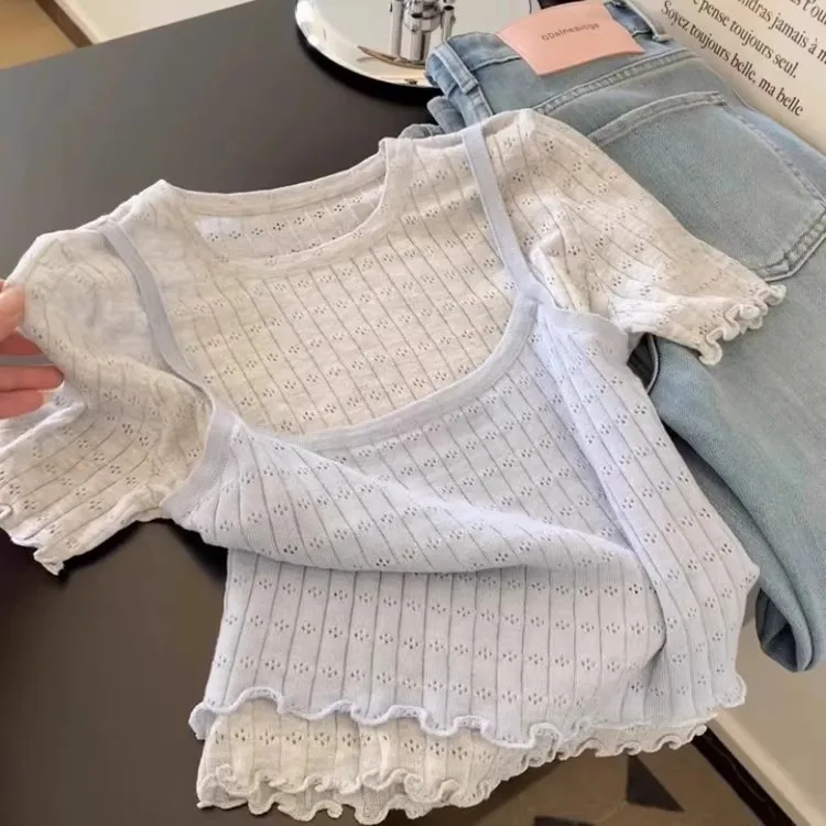 

Балетная футболка из двух предметов со сращенными искусственными рукавами, женская летняя футболка ort Sve, корейский шикарный топ с овальными плечами