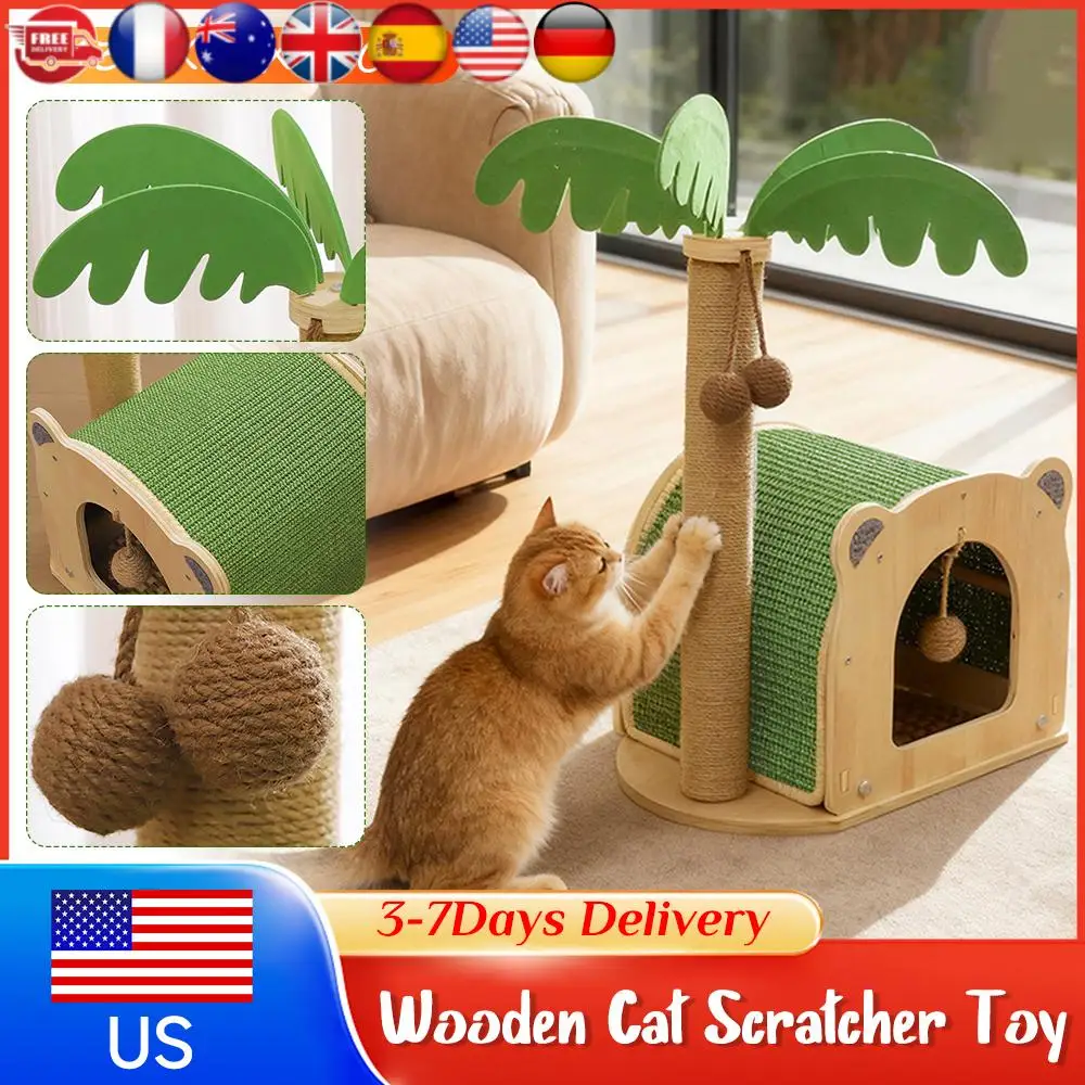 

Wooden Coconut Tree Cat Scratching Post Cat Tower with Hanging Pom-Pom Ball Sisal Scratcher for 1-2 Indoor Cats Kittens Supplies