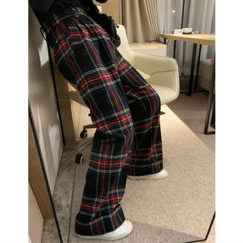 High Waist Women\'s Plaid Pants Streetwear Oversize Wide Leg thicken Woolen Trousers Korean Hip Pop Streetwear Retro Sweatpants