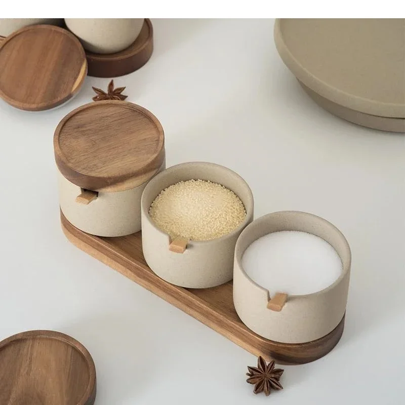 Japanese Kitchen Spice Jar Combination Salt and Pepper Shaker Oil Pot Set Ceramic Seasoning Home Solid Color