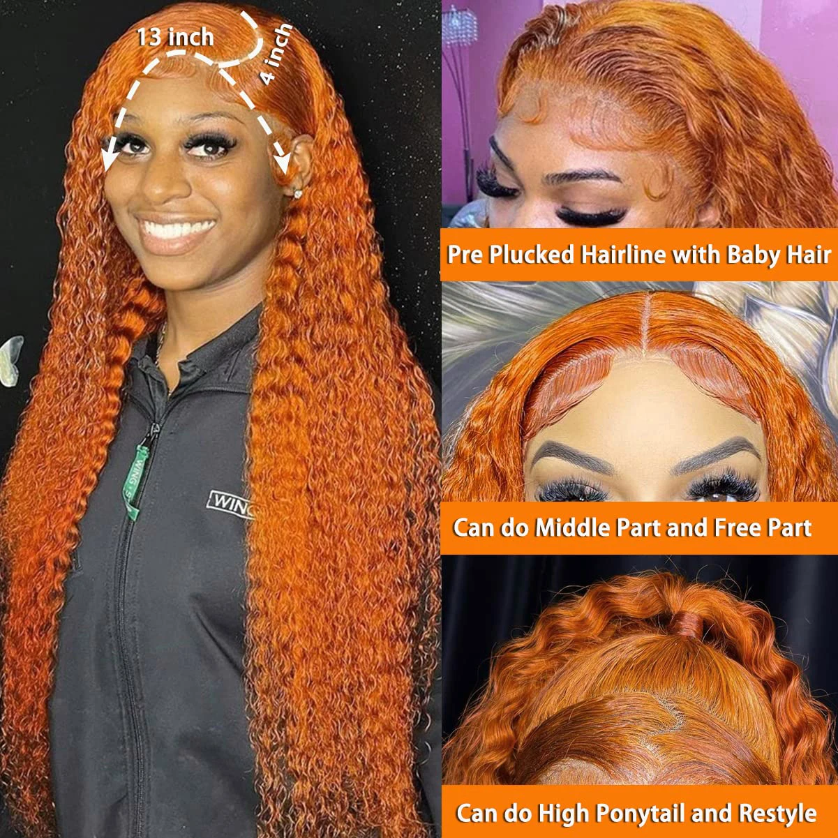 Wiggogo Orange Ingwer Lace Front Perücke Echthaar 30 Zoll lockige Lace Front Echthaarperücke Deep Wave 13X4 13X6 HD Lace Frontal Perücken