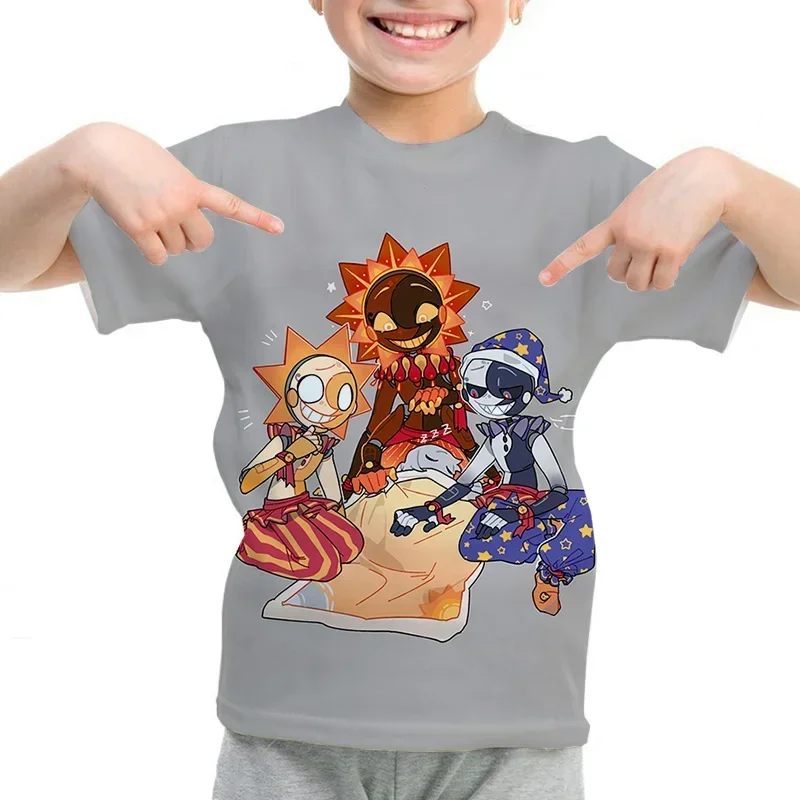 Children's T-Shirts Fnaf Sundrop Moondrop Tee Tops Boys Girls Anime Baby Boy Summer Short Sleeve Clothes Kids T Shirt 4-14 Years