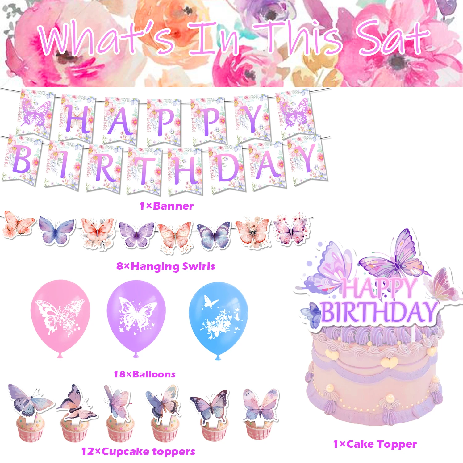 Pink Butterfly Birthday Party Decoration Cumpleaños Girl Gender reveal Balloon Banner Cake Topper Party Supplies For Baby Shower