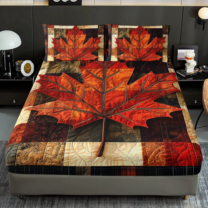 Maple Leaf Pattern Bed Cover Set High-Definition Printing for Home And Dorm Use, Warm for Autumn Classic Patchwork Style