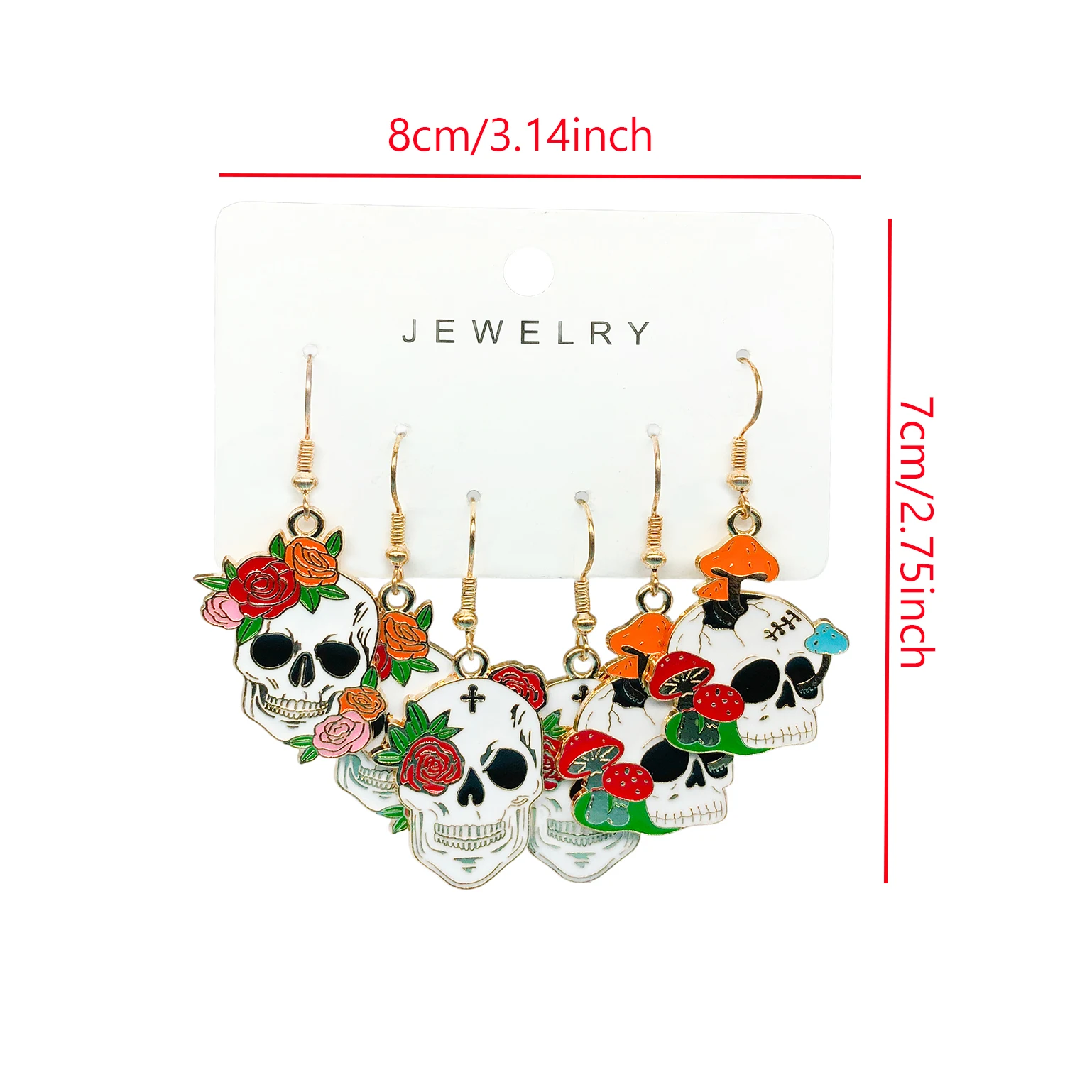 3 Pairs of Alloy Enamel Colored Halloween Flower Skull Dangle Earrings Set Charms And Interesting Jewelry Girl Gift