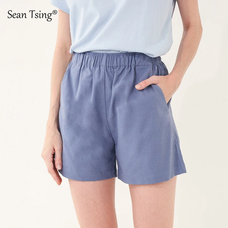 

Sean Tsing® 94% Cotton Shorts Women Solid Color Elastic Waist Casual Sport Short Pants with Pockets Girls Trouser 2023 Summer