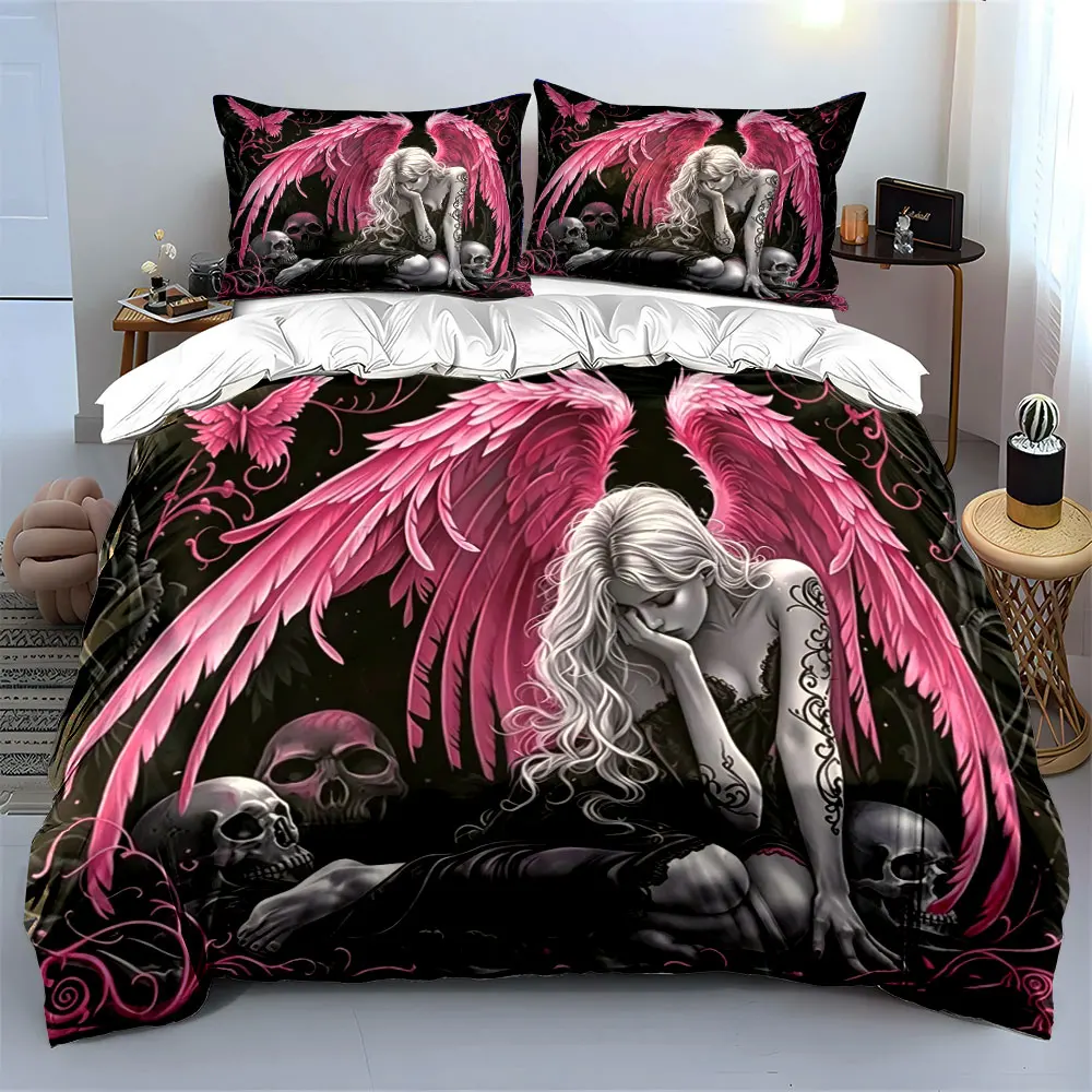 Gothic Pink Angel & Skulls Bedding Set 3pcs, Dark Fantasy Art Duvet Cover,Aesthetic Bed Linen for Teen Girls Bedroom,Home Decor