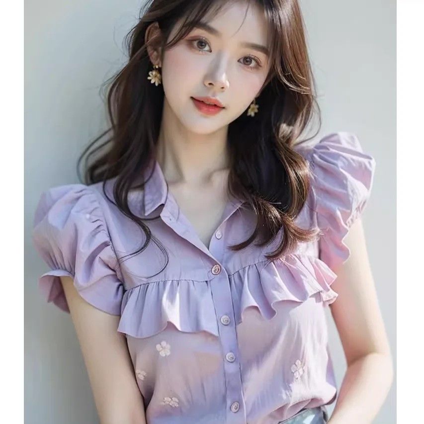 

Short Sleeve Shirts Womens Light Luxury Jacquard Balloon Sleeve Pintuck Tunic Artistic Preppy Urban Student Youthful Statement