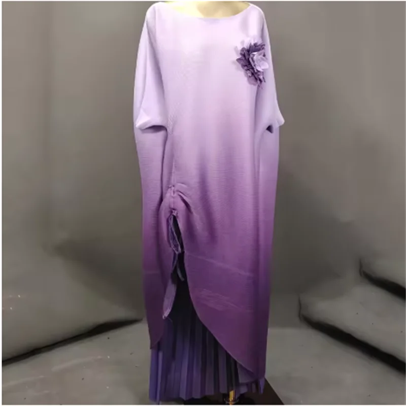 Miyake Pleated Design Women 2 Piece Set Gradient Drawstring 3D Floral Spliced Long Dress Fashion 2025 Autumn New Clothing