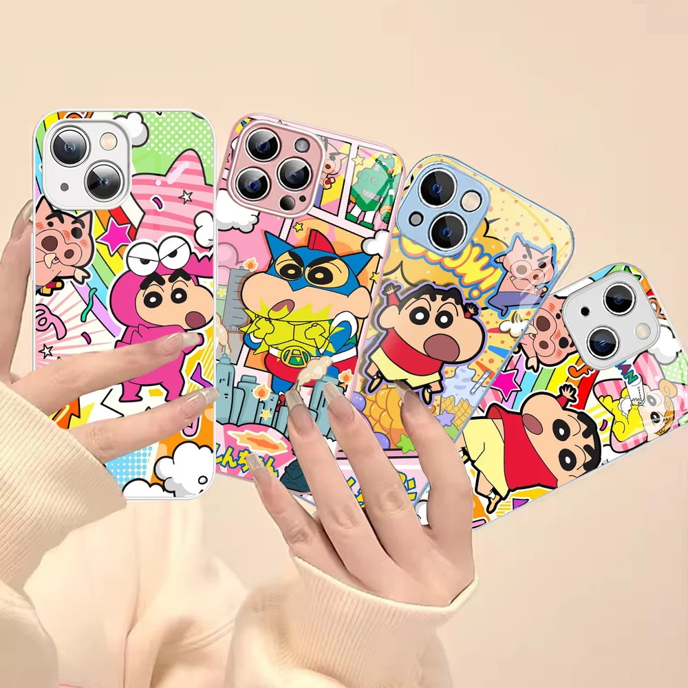 C-Crayon S-Shin Chan Cute Fashion Phone Case For IPhone 14 13 12 Mini 11 Pro XS Max X XR 14 Plus Tempered Glass Cover