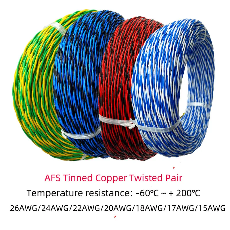 AFS Twisted Pair Tinned Copper Cable 2P 26/24/22/20/18/17/15AWG Audio Wire / horn Twisted Pair Wire PTEF 2Core Cable +200°C