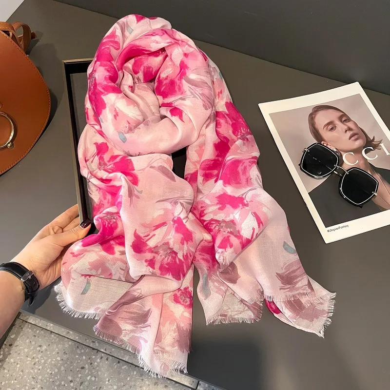 2024 Summer Beautfiul Ombre Flower Fringe Scarf Shawls Blossom Floral Head Scarves Hijab Wrap 6 Color