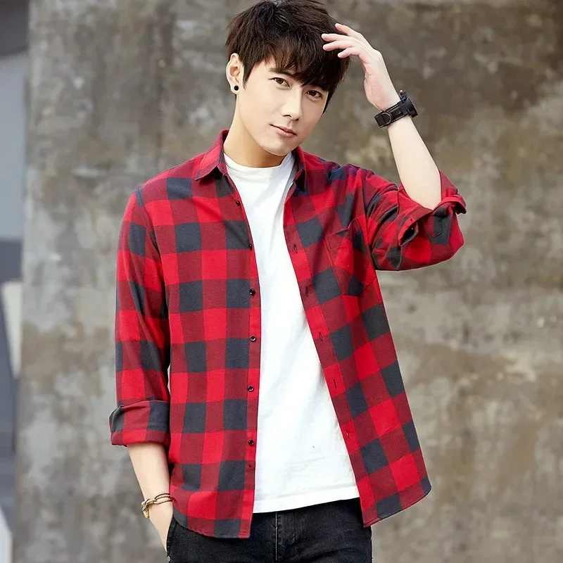 New High-grade Young Korean Casual Coat Shirt 100% Cotton Plaid Shirt Long-sleeved Woolen Shirt Cotton Casual Shirts Men