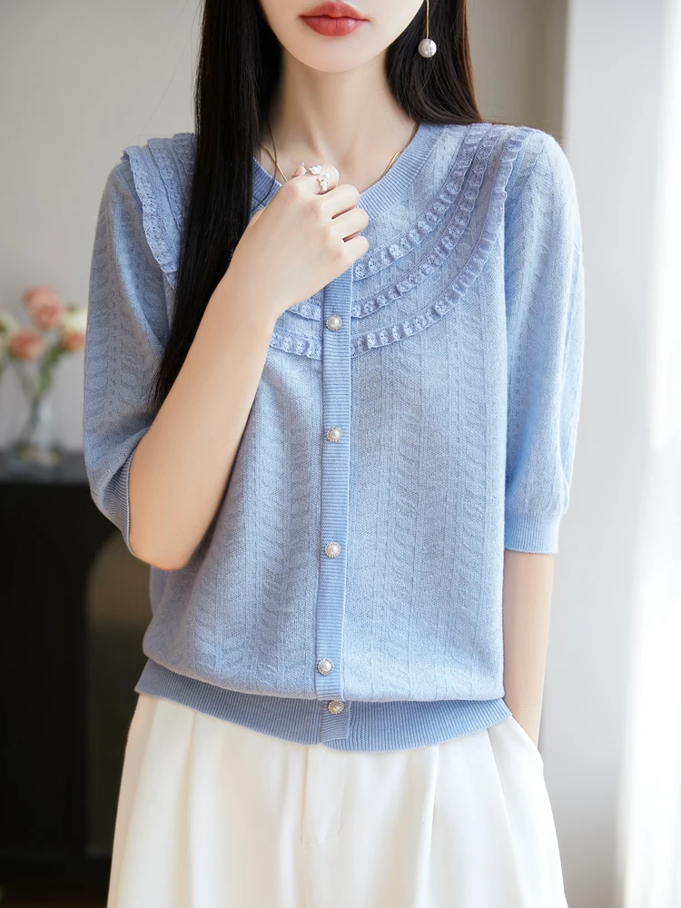 Primavera Estate New Sle T-shirt ort Sve lavorata a maglia leggera e traspirante da donna Design scavato rotondo Ne Casual Pendolarismo Fas...